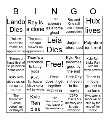 Star Wars: The Rise of Skywalker Bingo Card