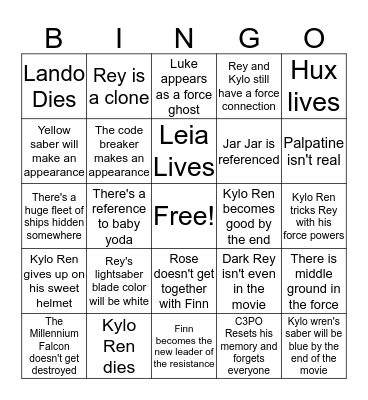Star Wars: The Rise of Skywalker Bingo Card