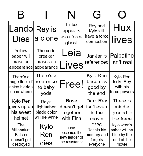 Star Wars: The Rise of Skywalker Bingo Card