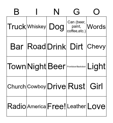 Country Music Words Bingo Card