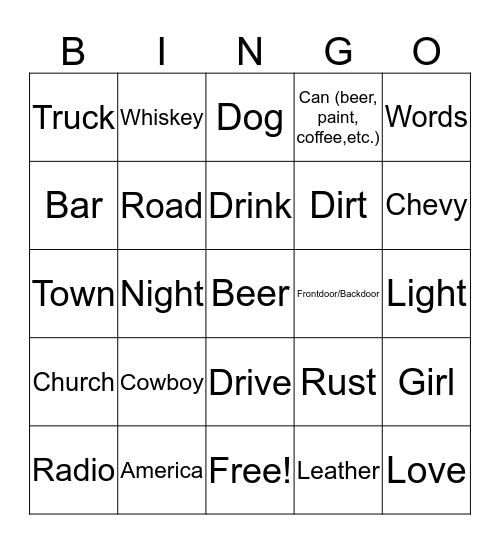 Country Music Words Bingo Card