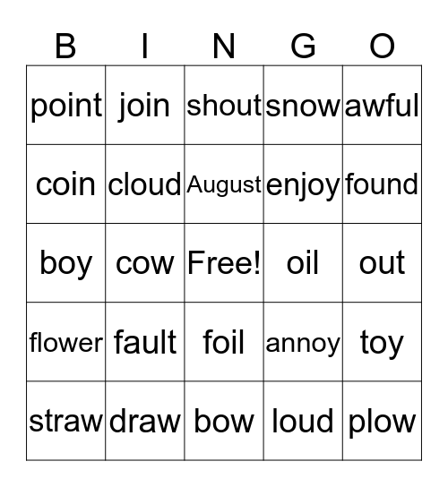 oi/oy, ou/ow, au/aw Bingo Card