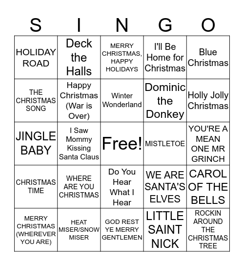 Christmas Songs Bingo Card