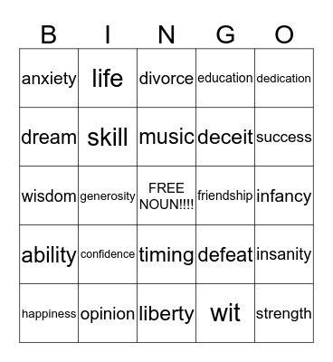 Abstract Noun Bingo Card