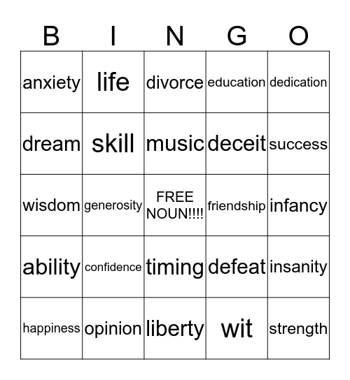 Abstract Noun Bingo Card