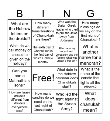 Chanukkah 5780 Bingo Card