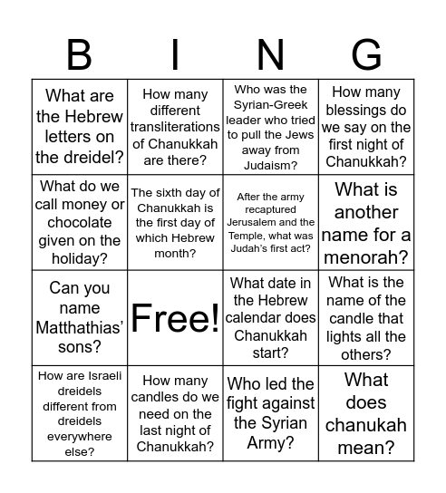 Chanukkah 5780 Bingo Card
