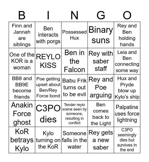 The Rise Of Skywalker Movie Bingo Card