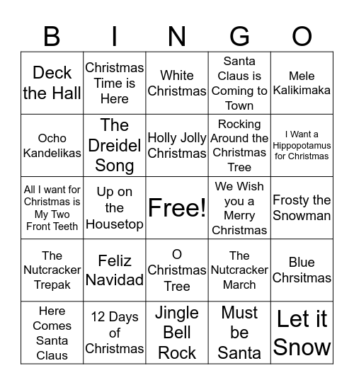 Christmas Song Bingo Card