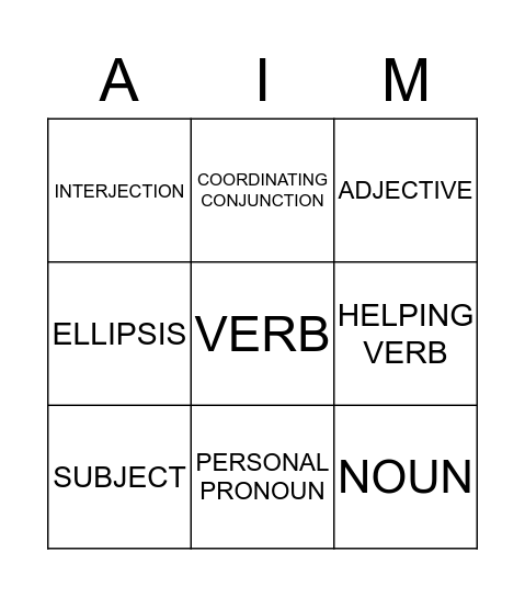 Grammar AIM Bingo Card