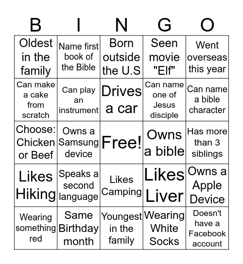 Youth Bingo Card