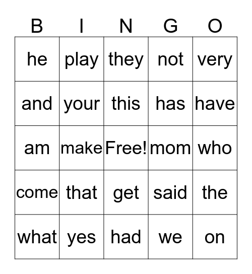 Sight Word Bingo Card