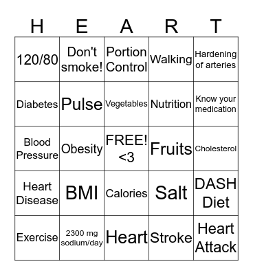 Healthy Heart Bingo Card