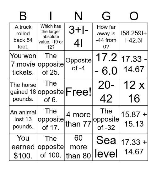 Integers Bingo Card