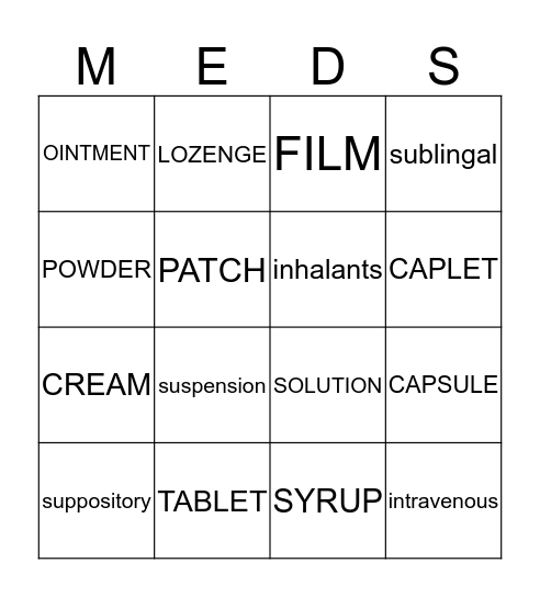 Drug form  Bingo Card