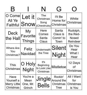 Holiday Song Bingo Card
