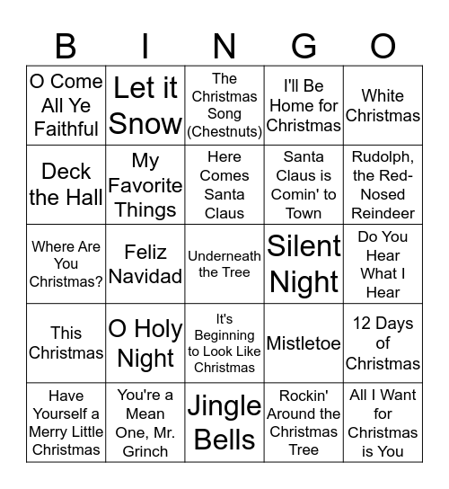 Holiday Song Bingo Card