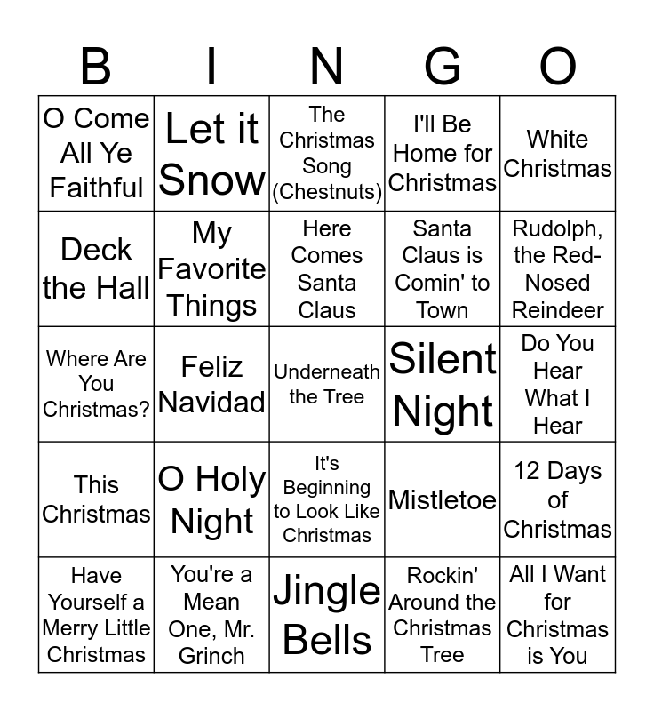 Holiday Song Bingo Card