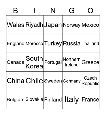 Countries Bingo Card