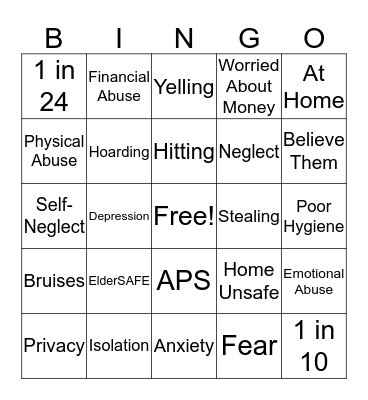 Elder Abuse Bingo Card