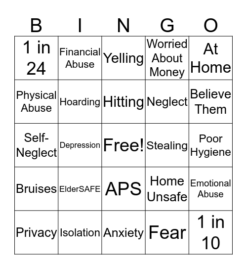 Elder Abuse Bingo Card