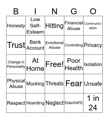 Elder Abuse Bingo Card