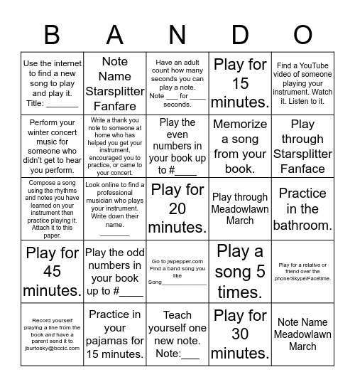 Winter Break BANDO Bingo Card
