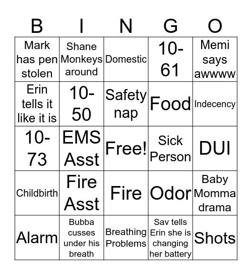 Crew Shenanigans Bingo Card