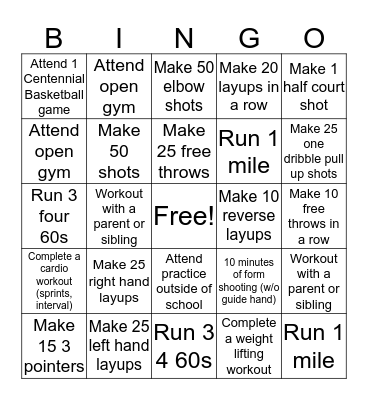 Winter Break Workout Bingo Card