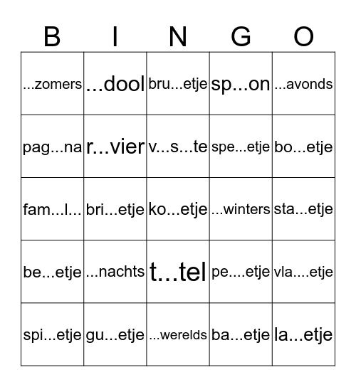 Kilowoord/komma-s-woord/verkleinwoord -etje Bingo Card