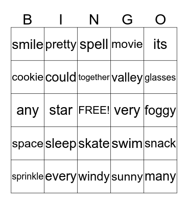Spelling words Bingo Card