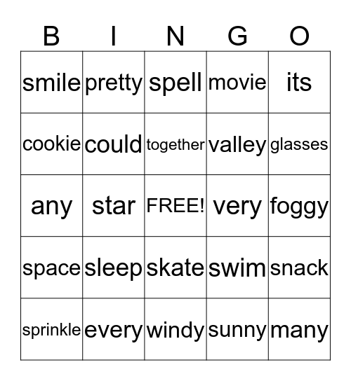 Spelling words Bingo Card