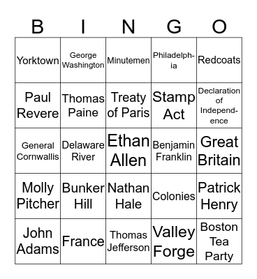 Revoltuionary War Bingo Card