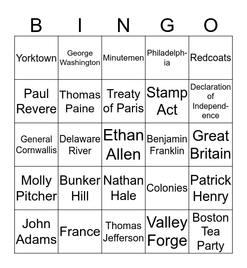 Revoltuionary War Bingo Card