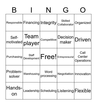 Job Skills Bingo Card