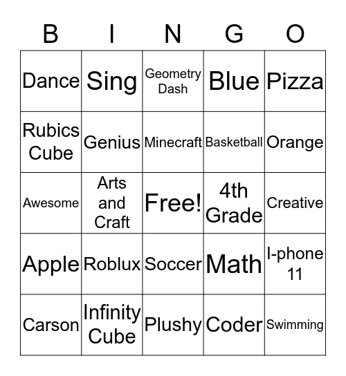 Carson's 9th Birthday Bingo Card