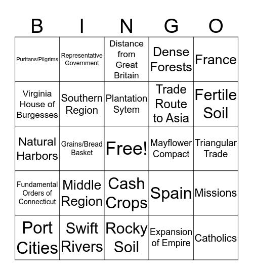 Exploration and Colonization Bingo Card