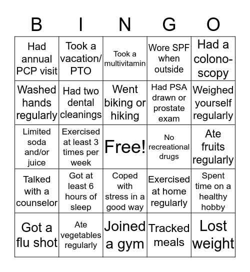 Hermann Oak Healthy Year Bingo Card