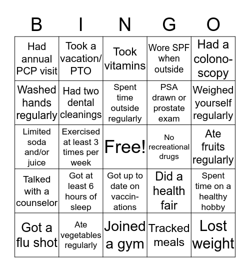 Hermann Oak Healthy Year Bingo Card