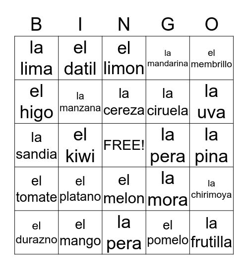 Spanish Fruit Vocabulary Bingo Card
