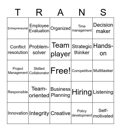 Job Skills Bingo Card