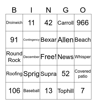 Orchard Tringo Bingo Card