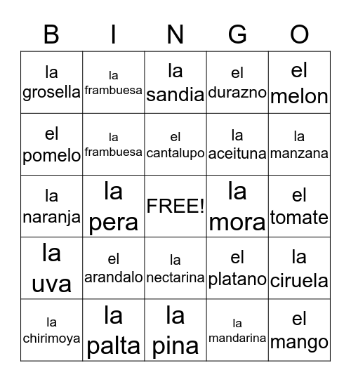 Spanish Fruit Vocabulary 1 Bingo Card
