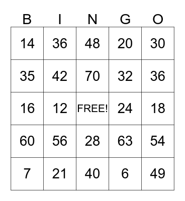 Multiplication Bingo 4's, 6's, 7's Bingo Card
