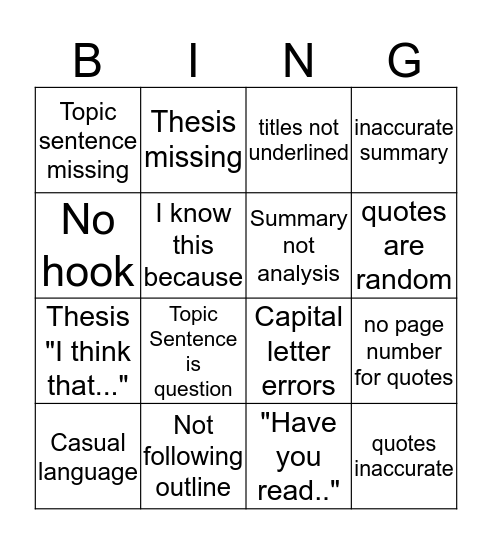 Essay Fixes Bingo Card