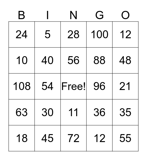 Number Bingo Card