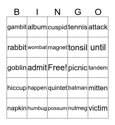 VCCV Bingo Card