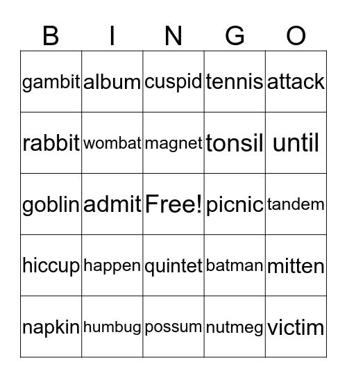 VCCV Bingo Card