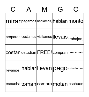 Conjugating AR Verbs Bingo Card