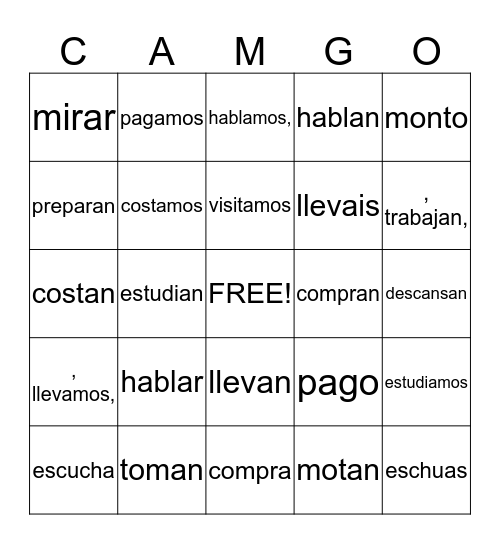 Conjugating AR Verbs Bingo Card